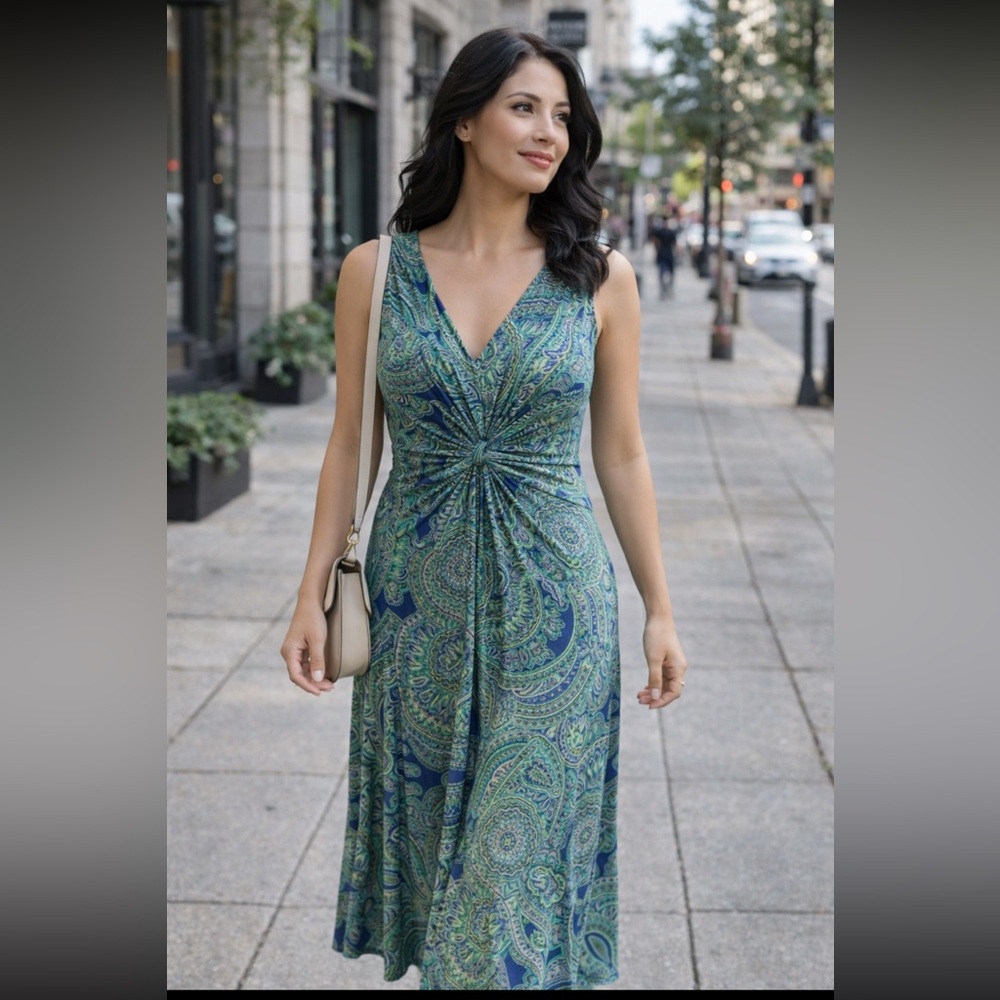 Jones New York Blue Green Paisley Jersey Sleeveless Midi Dress 8